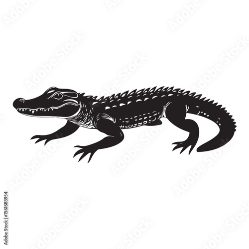 Alligator Silhouette, Black and white vector silhouette of a alligator on white background, Black Silhouette Of An Alligator, 