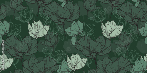 Layered green floral blooms unfurl with fine detailing over a rich emerald canvas elegant, vibrant, and rhythmically composed with natural depth and serene allure