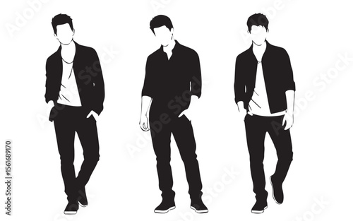 Three young male model shape vectors. Black on white background.