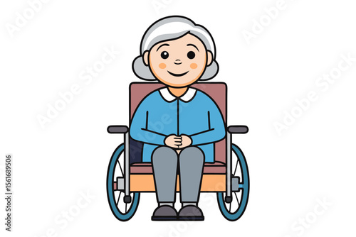 Caring Elderly Lady in Wheelchair: A heartwarming illustration of a senior woman comfortably seated in a wheelchair, radiating warmth, hope and gentle presence, symbolizing care and compassion.