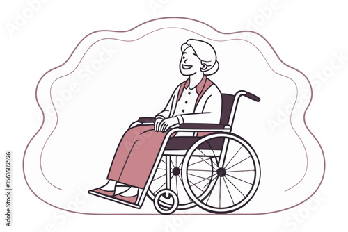 Smiling Senior in Wheelchair: An illustration of a happy senior woman sitting in a wheelchair, radiating positivity and independence.