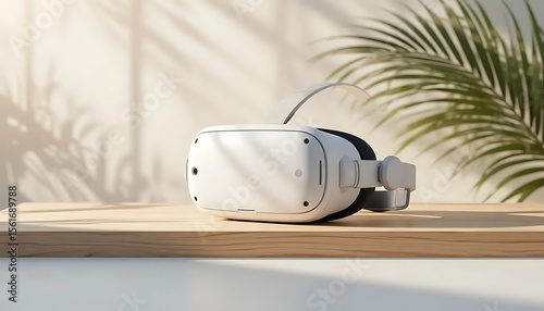 White virtual reality headset resting on a wooden table in a sunlit room with green indoor plants. Clean, minimalist tech scene ideal for showcasing VR innovation and immersive technology.