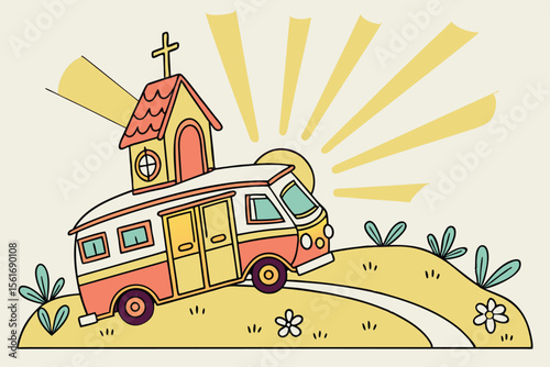 Cartoon car or taxi on a city road, an illustration of urban transportation and travel