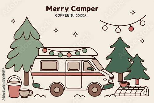 Festive cartoon Christmas card with a red car transporting a Christmas tree down a snowy road, set against a winter city sky