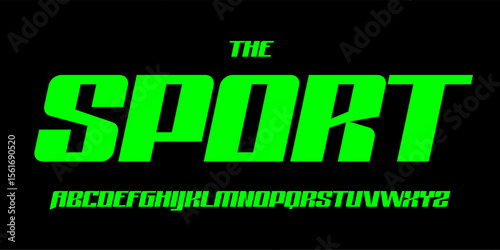 Sportage racing font, sharp angular alphabet, bold electric green letters, dynamic automotive typeface for esport logo, movie promo, cyber typography, modern sporty typographic design. Vector typeset.