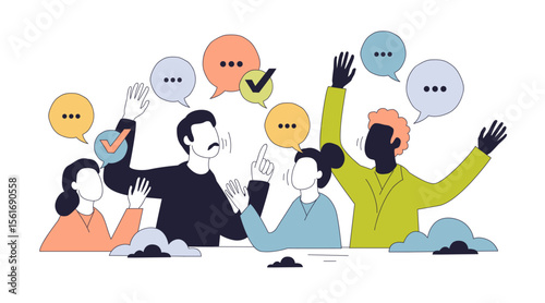 Open communication is shown by diverse people exchanging ideas, speech bubbles, and check marks, symbolizing active dialogue. Doodle style
