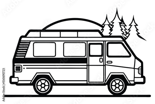 Red retro cartoon mini camper van vector illustration isolated for travel