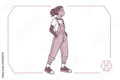 Girl with Overall Illustration: An illustrated portrayal of a girl in casual overalls, exuding confidence with her hands in her pockets and a contemplative gaze, against a soft backdrop.