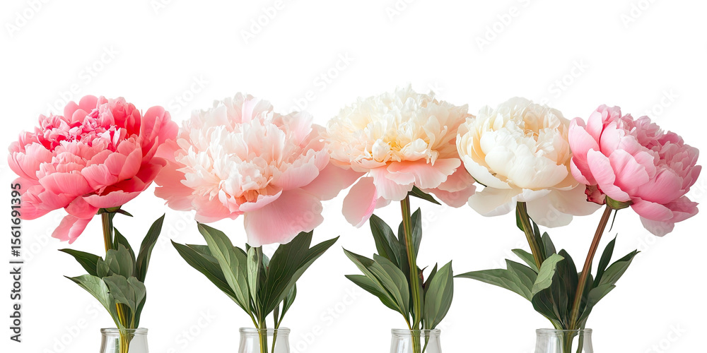 Four peonies in varying shades of pink and cream, in vases Four peonies in varying shades of pink and cream, in vases