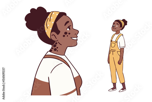 Smiling Woman in a Yellow Outfit: Joyful person, with dark skin and a stylish yellow outfit. Capturing a moment of serene contentment, it's a study in simplicity and style. 