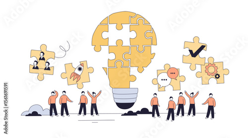 Collaborative brainstorming is shown with people assembling puzzle pieces to form a lightbulb, symbolizing teamwork, ideas, and creativity. Doodle style