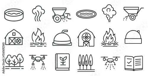 Series of icons depicting various farm and agricultural activities. The icons include a tractor, a book, a building, a fire, a greenhouse, a barn, a book, a tree, a house, a building, a book, a tree