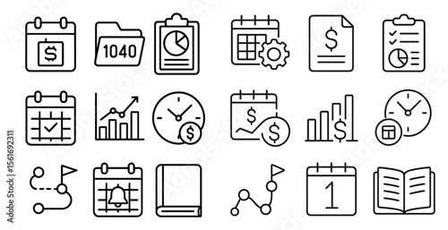 Set of icons for a calendar, a book, a clock, and a dollar sign. The icons are all in black and white