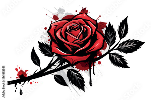 Red Rose with Leaves and Thorn on Dark Ink Wash – Hand-Drawn Grunge Watercolor Composition on White Background