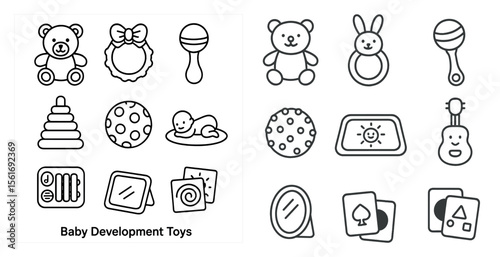 The image is of a collection of baby development toys. The toys include a teddy bear, a rattle, a ball, and a guitar