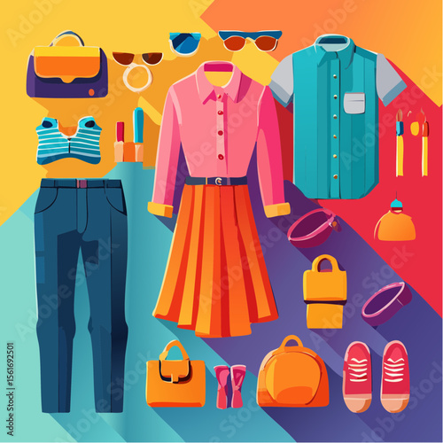 fashion flat lay with bold, saturated clothing items and accessories on a vibrant background