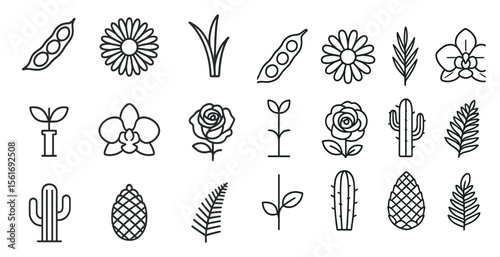 Collection of plant icons, including a rose, a cactus, and a leaf. The icons are arranged in a grid, with some overlapping and others standing alone. Scene is one of nature and growth