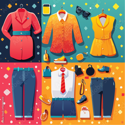 fashion flat lay with bold, saturated clothing items and accessories on a vibrant background