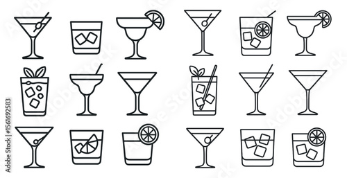 Set of 12 different types of drinks, including martinis, margaritas, and mojitos