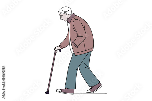 Resilient Steps: An elderly gentleman navigates life's journey, using a walking stick to assist his steps, showcasing the strength of human spirit.