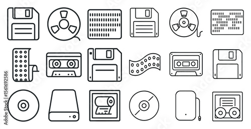 Collection of icons for various types of media storage devices, including floppy disks, CDs, and DVDs