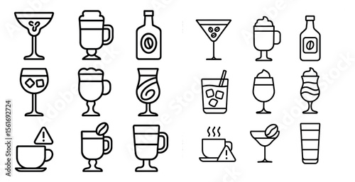 Set of 12 different types of drinks, including coffee, tea, and cocktails. The drinks are represented by various types of glasses, such as martini glasses, wine glasses, and coffee cups