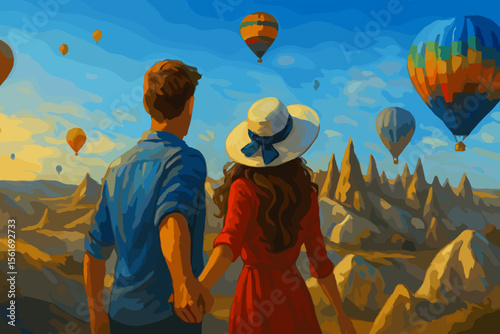 Couple holding hands and looking at colorful hot air balloons  