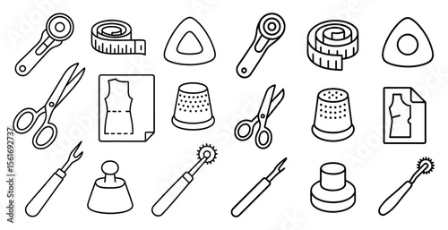 Collection of sewing tools and accessories. The image is a collection of various sewing tools and accessories, including scissors, a measuring tape, and a thimble