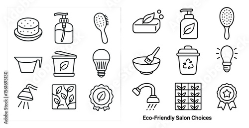 The image is a collection of various items related to eco-friendly salon choices. The items include a shower, a bowl, a brush, a bottle, a cup, a light, a bowl, a bottle, a cup, a brush