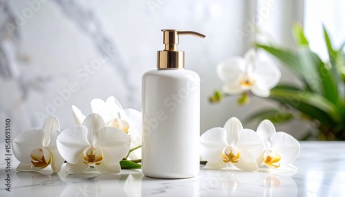 Luxury White Lotion Dispenser on a Marble with Orchids