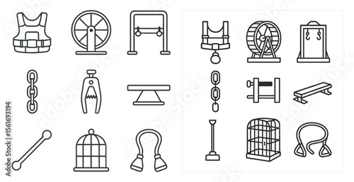 The image is a collection of various fitness equipment and accessories, including a gym ball, a weight bench, a treadmill, and a rowing machine