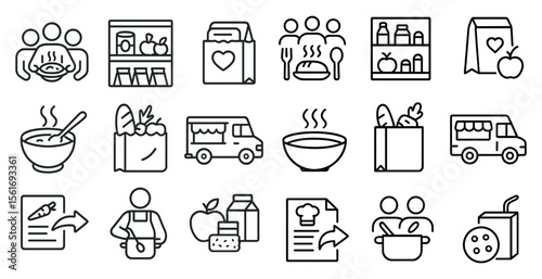 Series of food and grocery related icons. The icons include a spoon, a bowl, a fork, a knife, a cup, a bottle, a box, a bag, a truck, a car, a person
