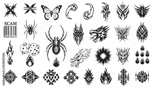 Tattoo tribal vector collection, including butterfly, spider, dragon, and fire elements on white background