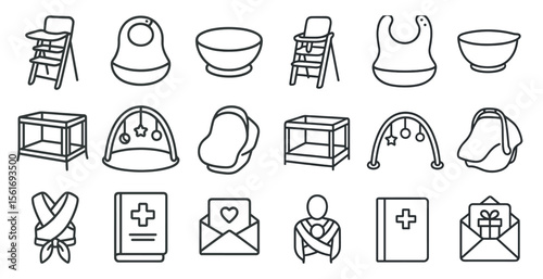 Set of baby items including a book, a stroller, a high chair, a baby carrier, a baby bed, a baby bathtub, a baby bottle, a baby blanket, a baby bib, a baby car seat, a baby