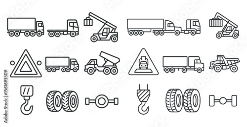 Series of black and white icons of various vehicles, including trucks, cranes, and other heavy machinery