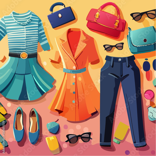 fashion flat lay with bold, saturated clothing items and accessories on a vibrant background
