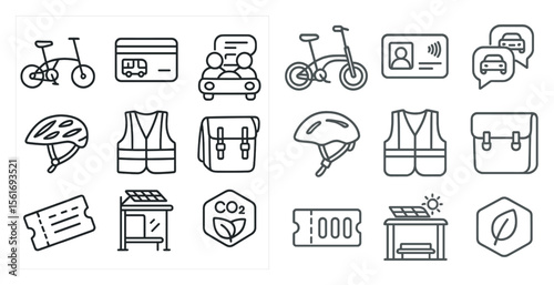 Set of icons for various items related to transportation and safety. The icons include a bicycle, a car, a motorcycle, a helmet, a vest, a ticket, a card, and a suitcase