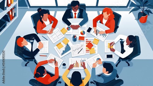 Animated business meeting: Diverse team collaborates on charts and graphs around a conference table