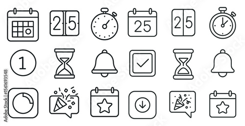 Set of icons for a calendar app. The icons include a bell, a star, a clock, and a number 1
