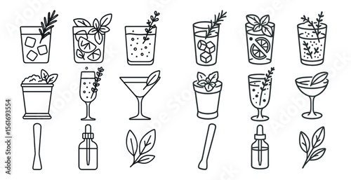 Set of drinks and utensils, including a bottle, a glass, a spoon, and a syringe