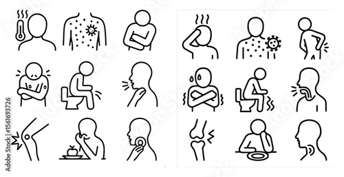 The image is a collection of various medical conditions and symptoms, such as a fever, a sore throat, and a runny nose. Scene is serious and informative