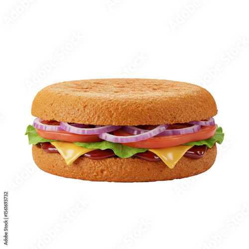 Hamburger with cheese, lettuce, tomato, onion, and ketchup  