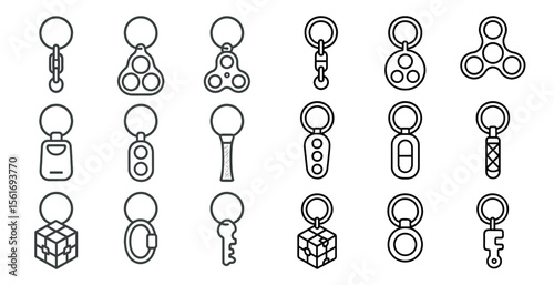 Set of keys with a variety of shapes and sizes. The keys are all lined up in a row