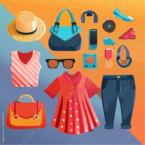 fashion flat lay with bold, saturated clothing items and accessories on a vibrant background