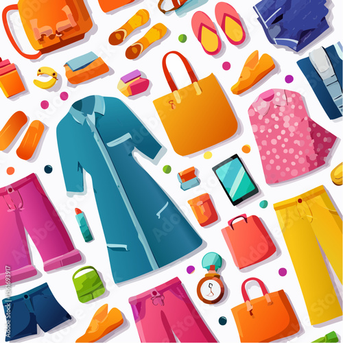 fashion flat lay with bold, saturated clothing items and accessories on a vibrant background