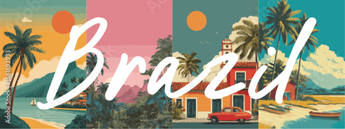Brazil vintage style travel poster set. Collection of scenic art deco retro tourism illustrations