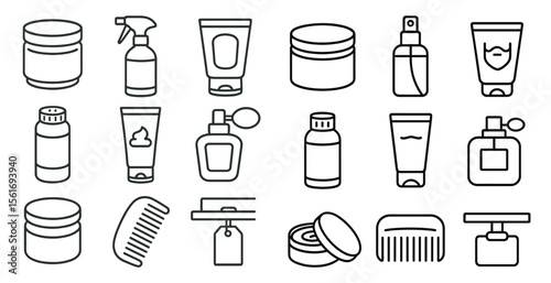 Collection of various beauty products including shampoo, conditioner, lotion, and perfume. The image is in black and white and has a minimalist style