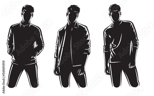 Three young male model shape vectors. Black on white background.