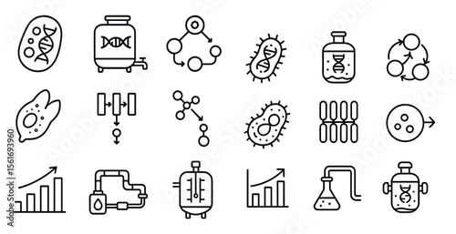 Collection of scientific symbols and drawings. The symbols include a cell, a DNA strand, a molecule, and a bacteria. Scene is scientific and informative