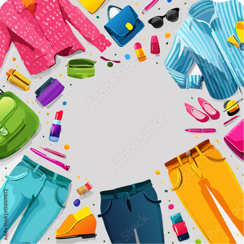 fashion flat lay with bold, saturated clothing items and accessories on a vibrant background